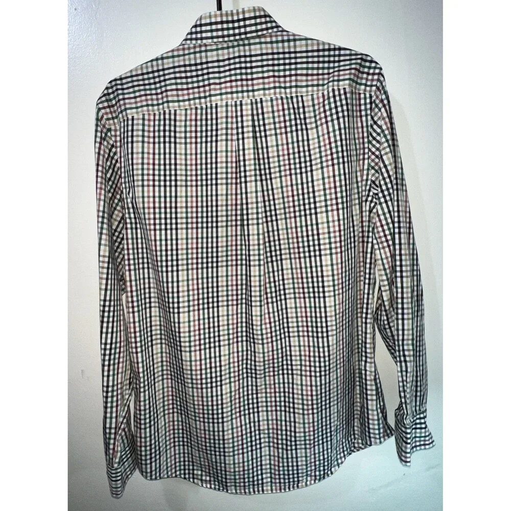BANANA REPUBLIC Men’s Dress Shirt No Iron Slim Fit Large Brown Green White Plaid